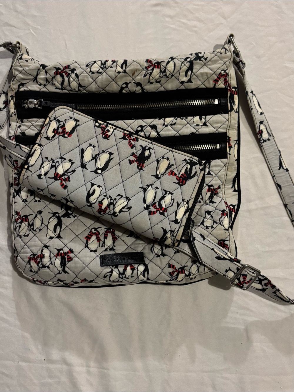 Vera Bradley White Quilted Crossbody Bag with Penguin Print and Matching Wallet